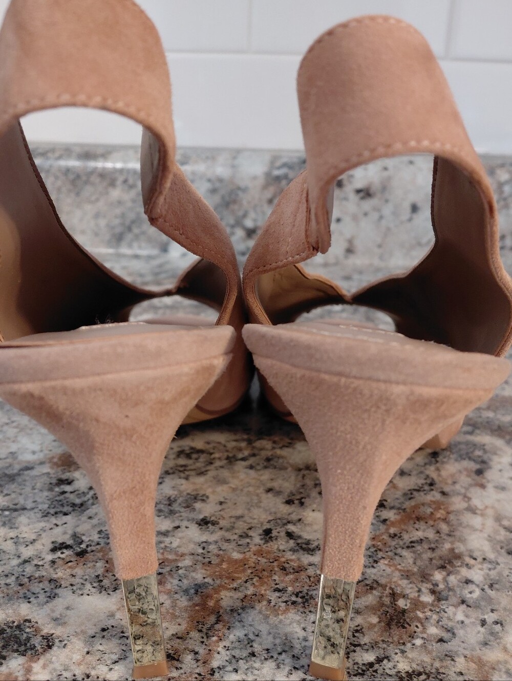 DKNY Nude Tan Suede Slingback Heels With Gold Accent Heels - Picture 8 of 9